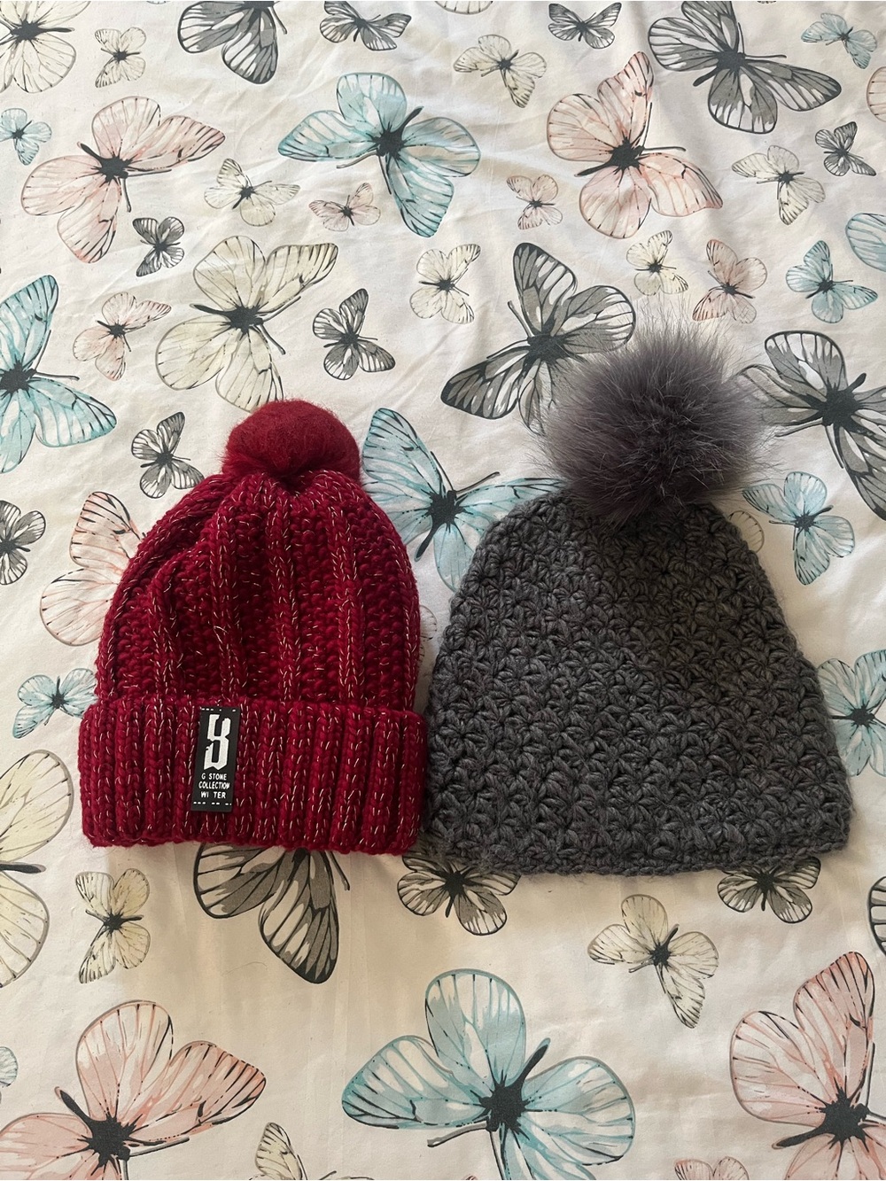 Surell Pom Pom Knit Beanie & Gray Faux Fur Pom Hat
